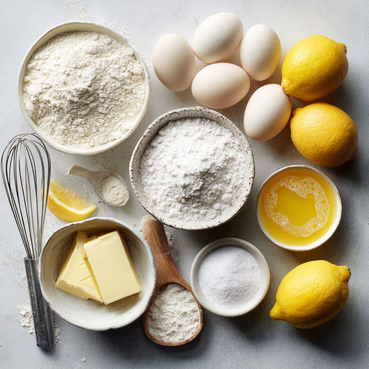 Flat lay of baking ingredients including flour, sugar, eggs, butter, lemons, and a whisk, ready for lemon brownies.