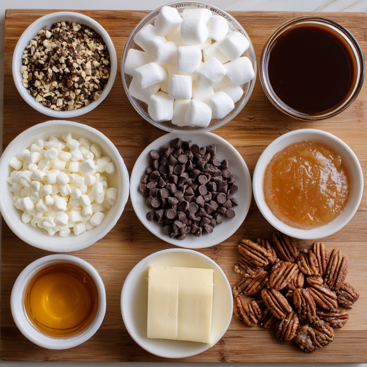 Fudge ingredients with nuts and marshmallows – A wooden board with small bowls of mini marshmallows, chocolate chips, butter, honey, pecans, and chopped nuts.
