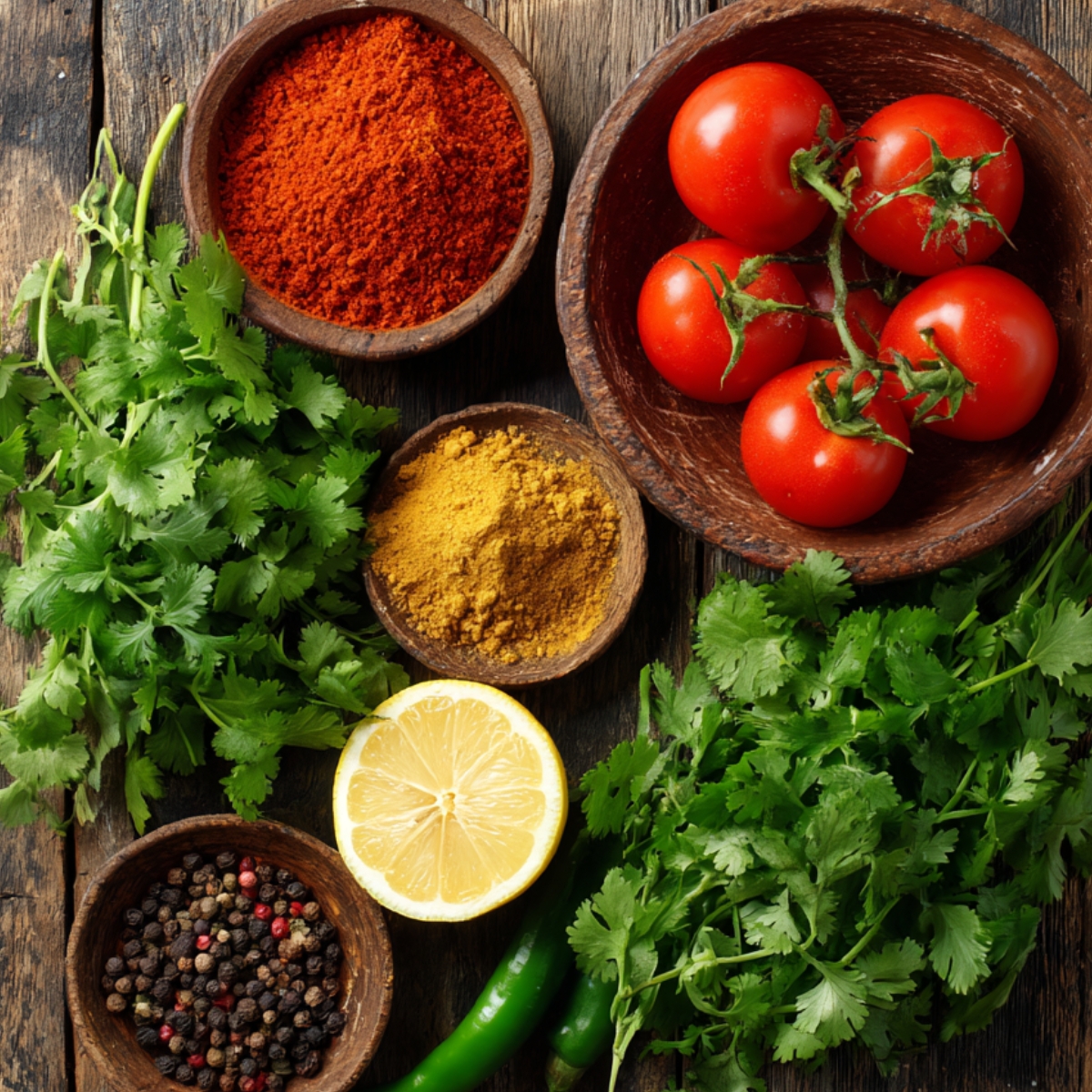 Spice Mix – Wooden bowls containing ground spices (turmeric, chili powder, garam masala), fresh tomatoes, lemon, chilies, black pepper, and cilantro on a rustic table.