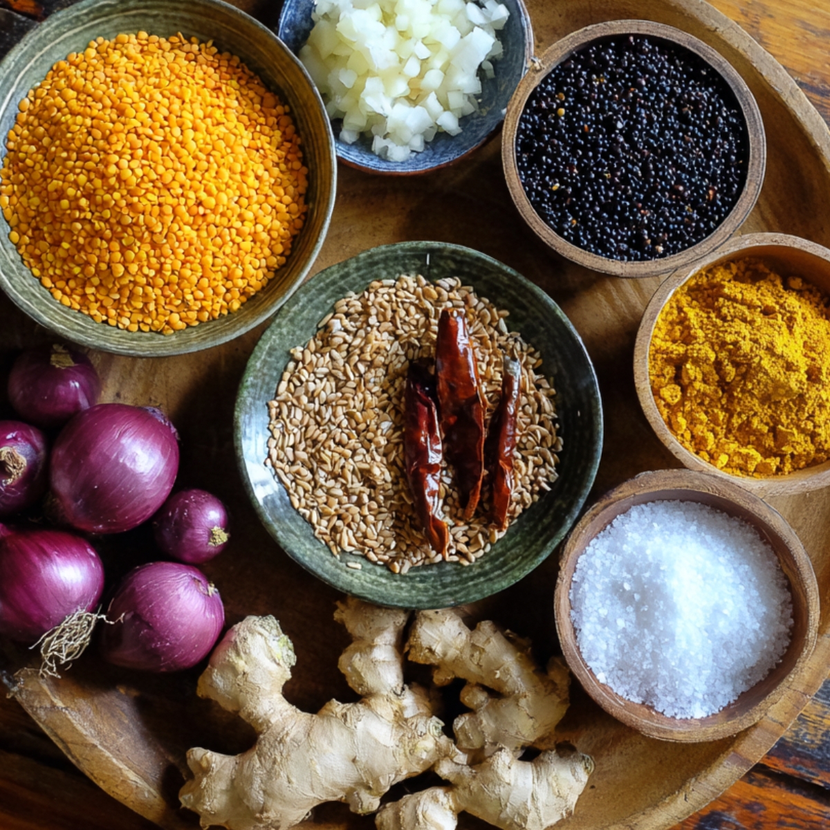 Dal Base – A round tray with bowls of raw lentils, mustard seeds, turmeric powder, dried chilies, salt, and fresh ginger, alongside whole onions.