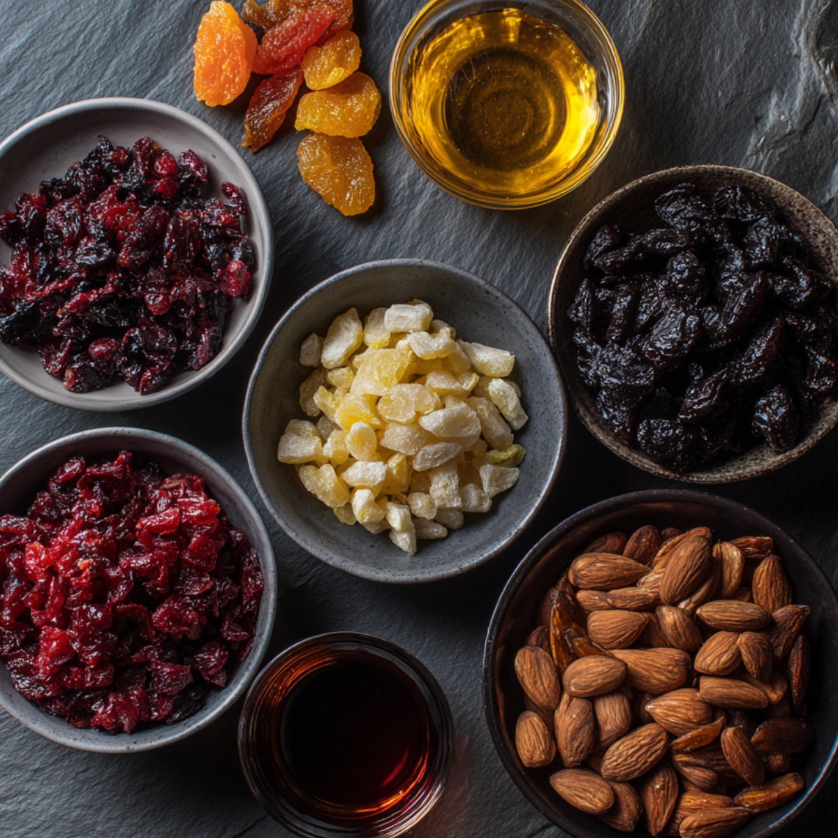 Fruit Foundation: Assorted dried fruits, nuts, and small glasses of rum or brandy laid out on a dark surface.