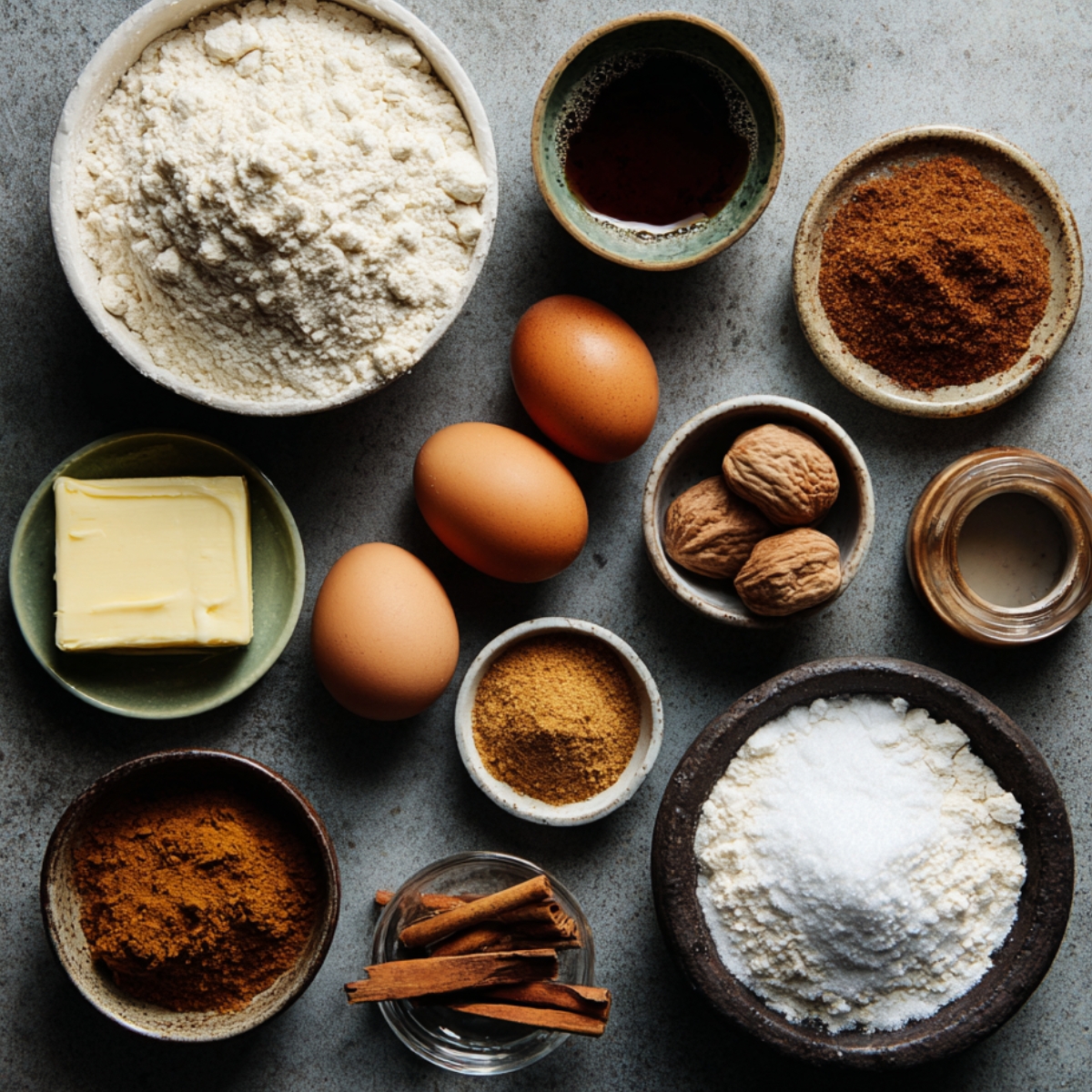 Cake Base Ingredients: A top-down view of flour, butter, eggs, sugar, spices, and flavorings arranged in bowls.