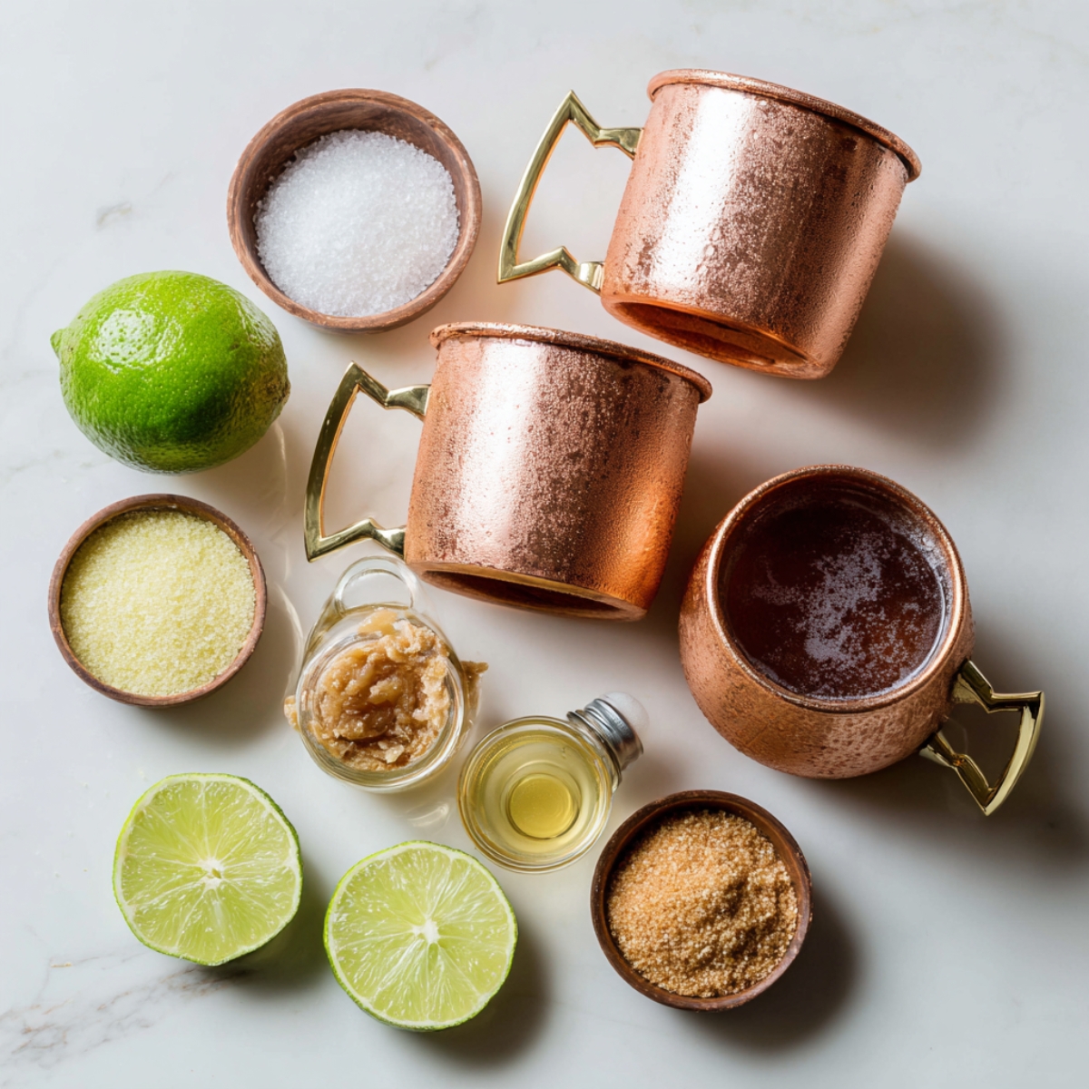 Copper mugs and ingredients including halved limes, sugar, ginger, and small jars of syrup or extract arranged on a white surface.