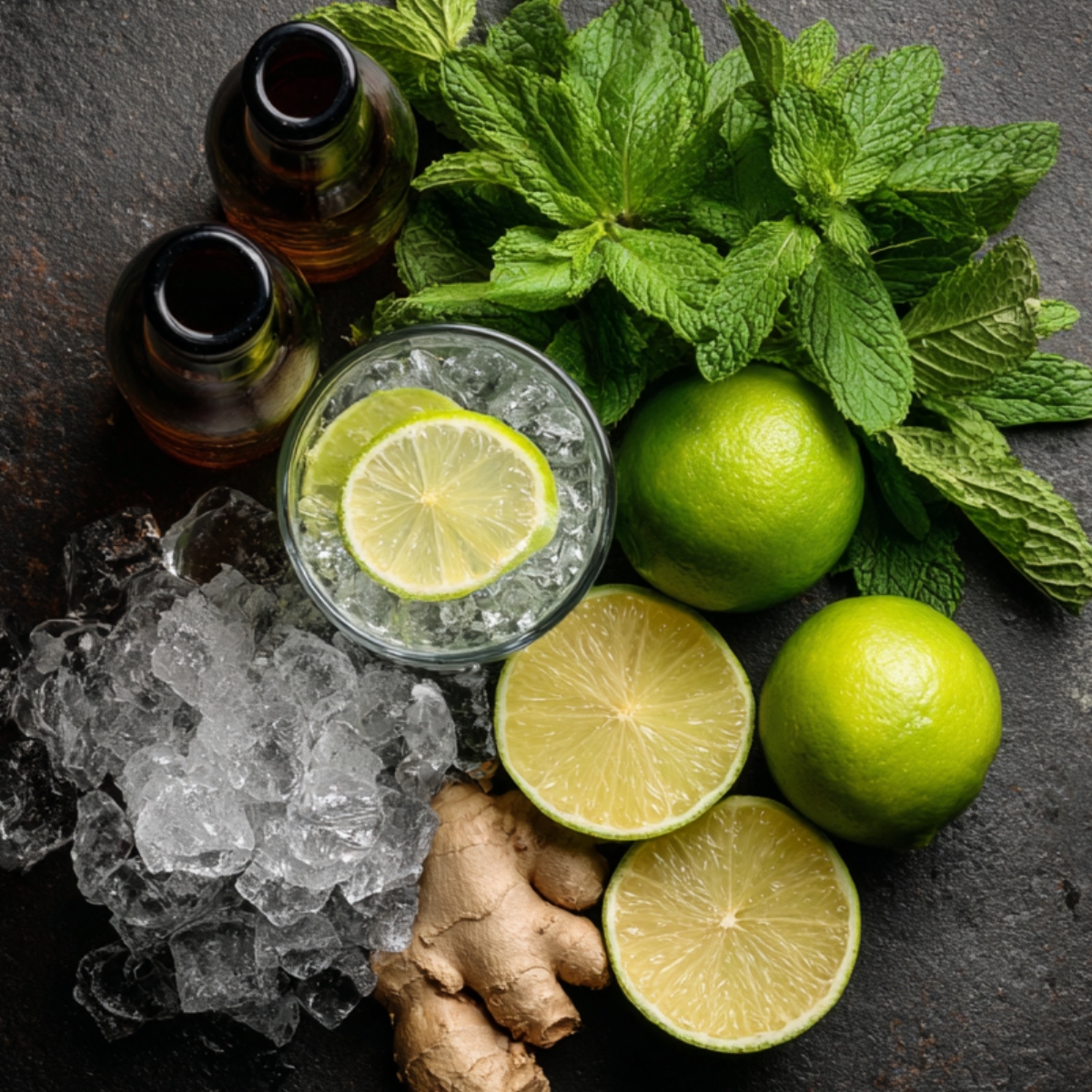 Fresh cocktail ingredients: whole and halved limes, fresh mint leaves, ginger root, crushed ice, and brown bottles on a dark surface.