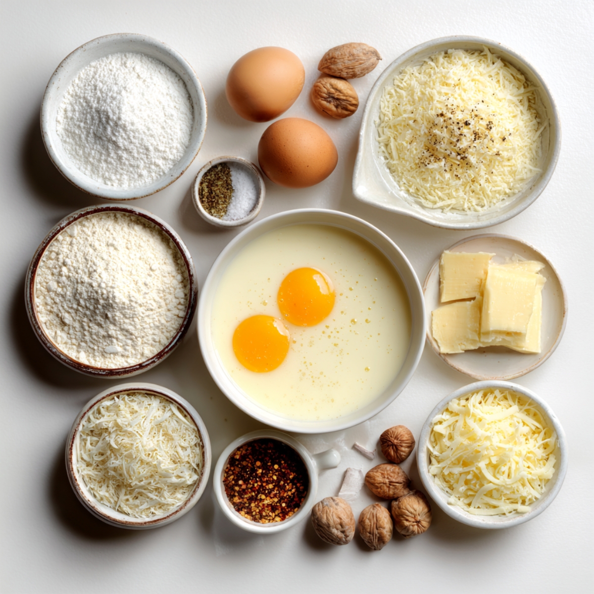 Healthy Moussaka Recipe 11 Ingredients for béchamel sauce: eggs, flour, butter, grated cheeses, milk, nutmeg, salt, pepper, and small bowls with spices.