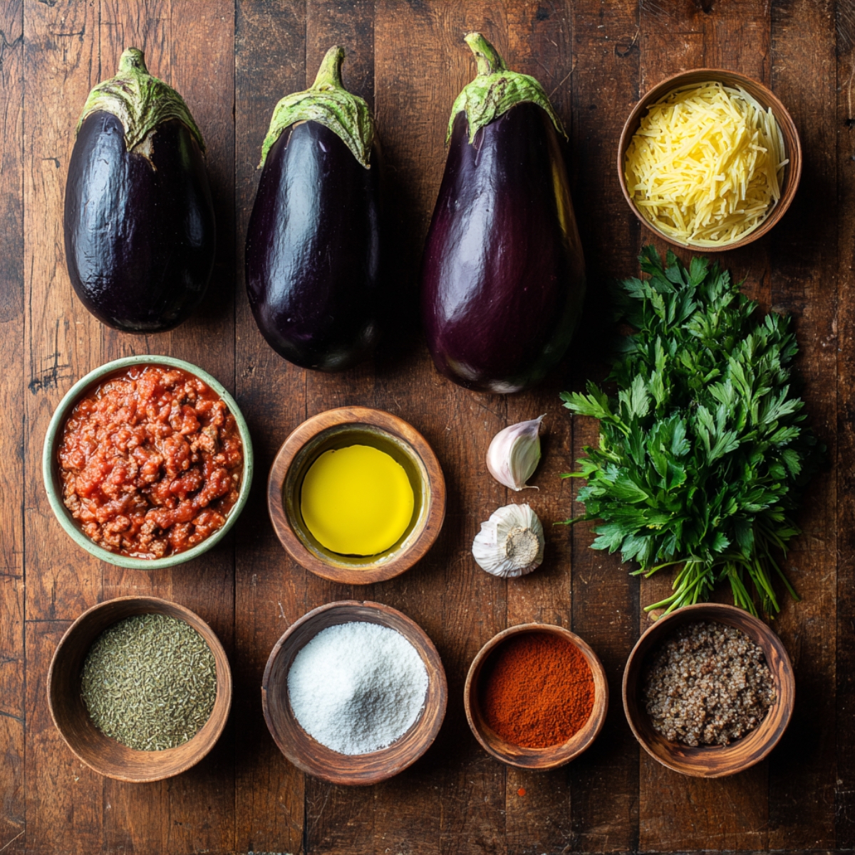 Healthy Moussaka Recipe 10 Ingredients for moussaka: fresh eggplants, meat sauce, olive oil, parsley, garlic, grated cheese, and spices arranged in wooden bowls.