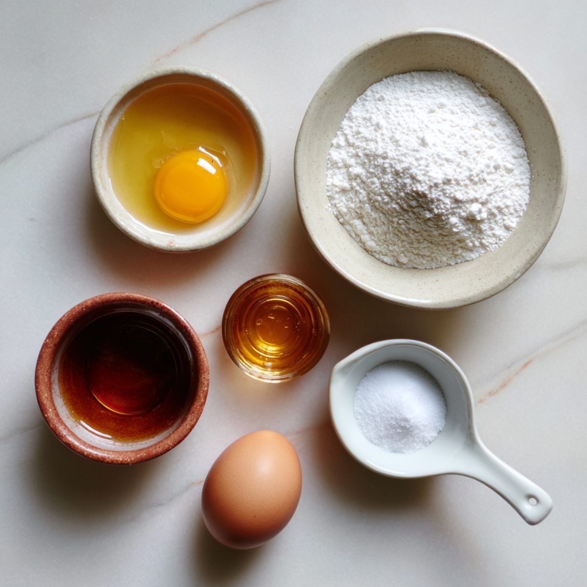 Basic nougat ingredients on marble surface, including eggs, flour, sugar, honey, and vanilla extract.