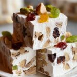 Finished Nougat Recipe squares stacked on a plate, studded with nuts and candied fruit, with a soft white marshmallow-like texture.