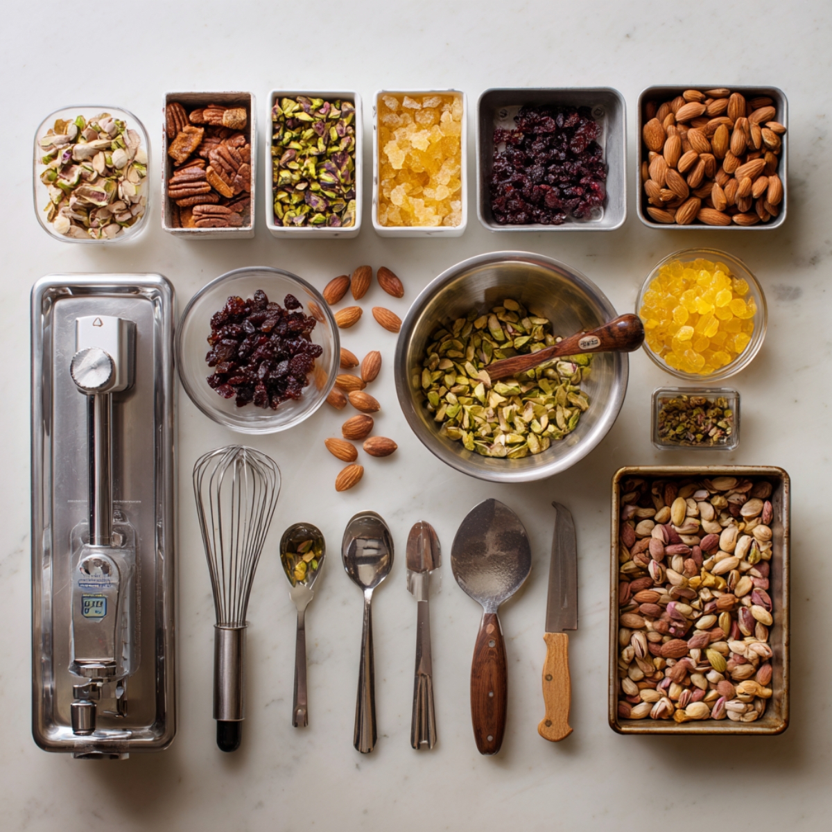 Flat lay of mix-ins and tools for nougat, including pistachios, almonds, pecans, dried fruit, rock sugar, bowls, whisk, and candy thermometer.