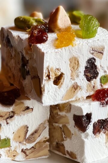 Finished Nougat Recipe squares stacked on a plate, studded with nuts and candied fruit, with a soft white marshmallow-like texture.