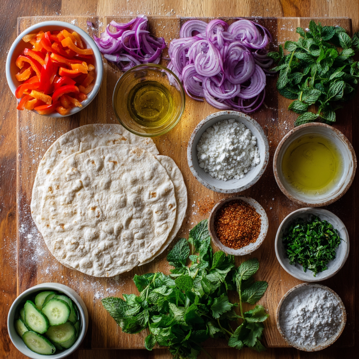 Chopped peppers, onions, herbs, flour, and oil arranged neatly. Cucumber slices and fresh mint give a refreshing touch. Rotis stacked in the center, surrounded by colorful toppings.