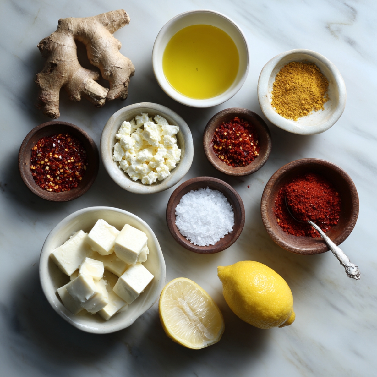 Small bowls with chili powder, turmeric, yogurt, and salt. Fresh ginger, lemon, and cubes of paneer placed nearby. Bright spices and dairy create a vibrant setup.