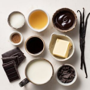 A flat lay of hot chocolate base ingredients: chopped dark chocolate, butter, milk, sugar, vanilla beans, cocoa paste, and cream arranged in ceramic bowls.