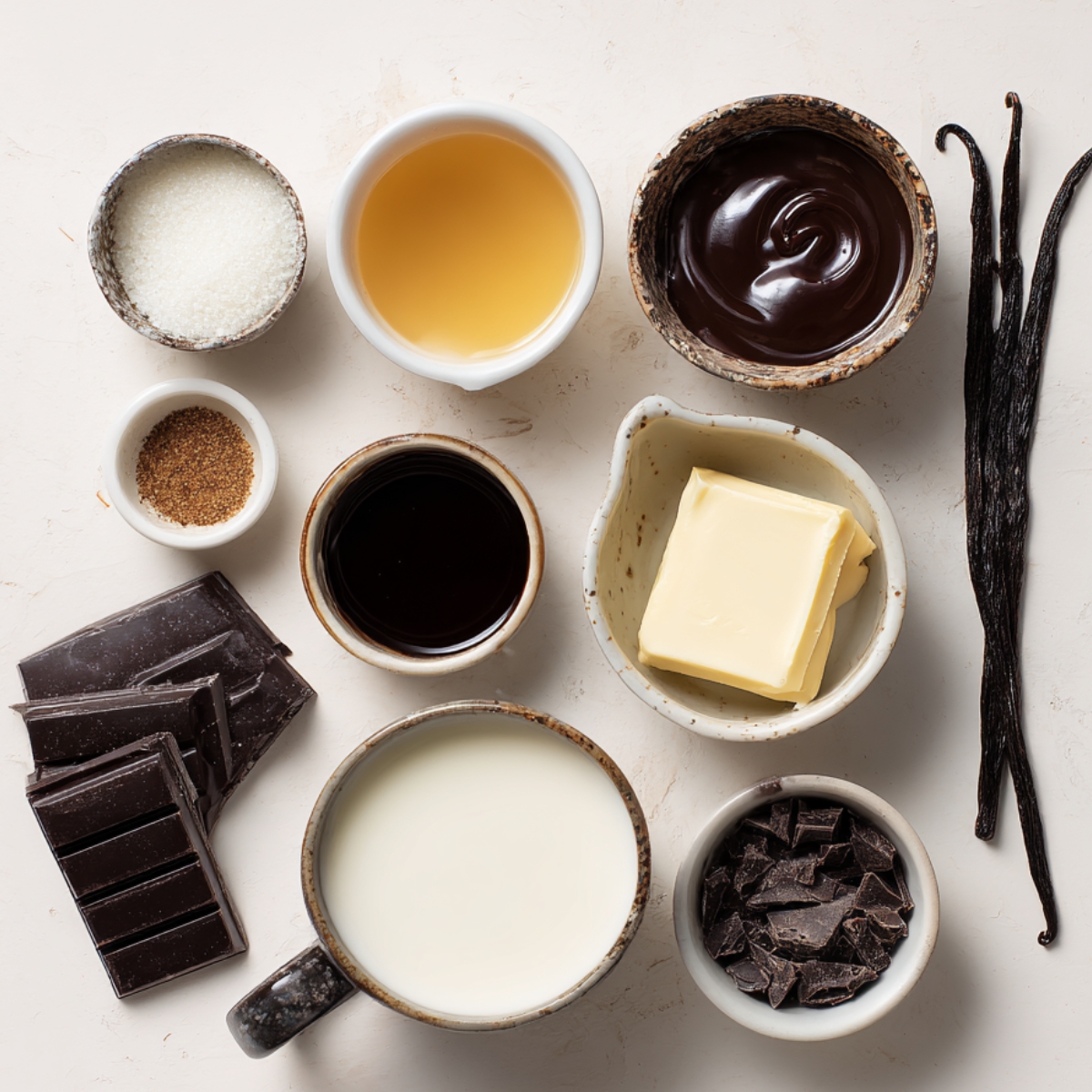 A flat lay of hot chocolate base ingredients: chopped dark chocolate, butter, milk, sugar, vanilla beans, cocoa paste, and cream arranged in ceramic bowls.