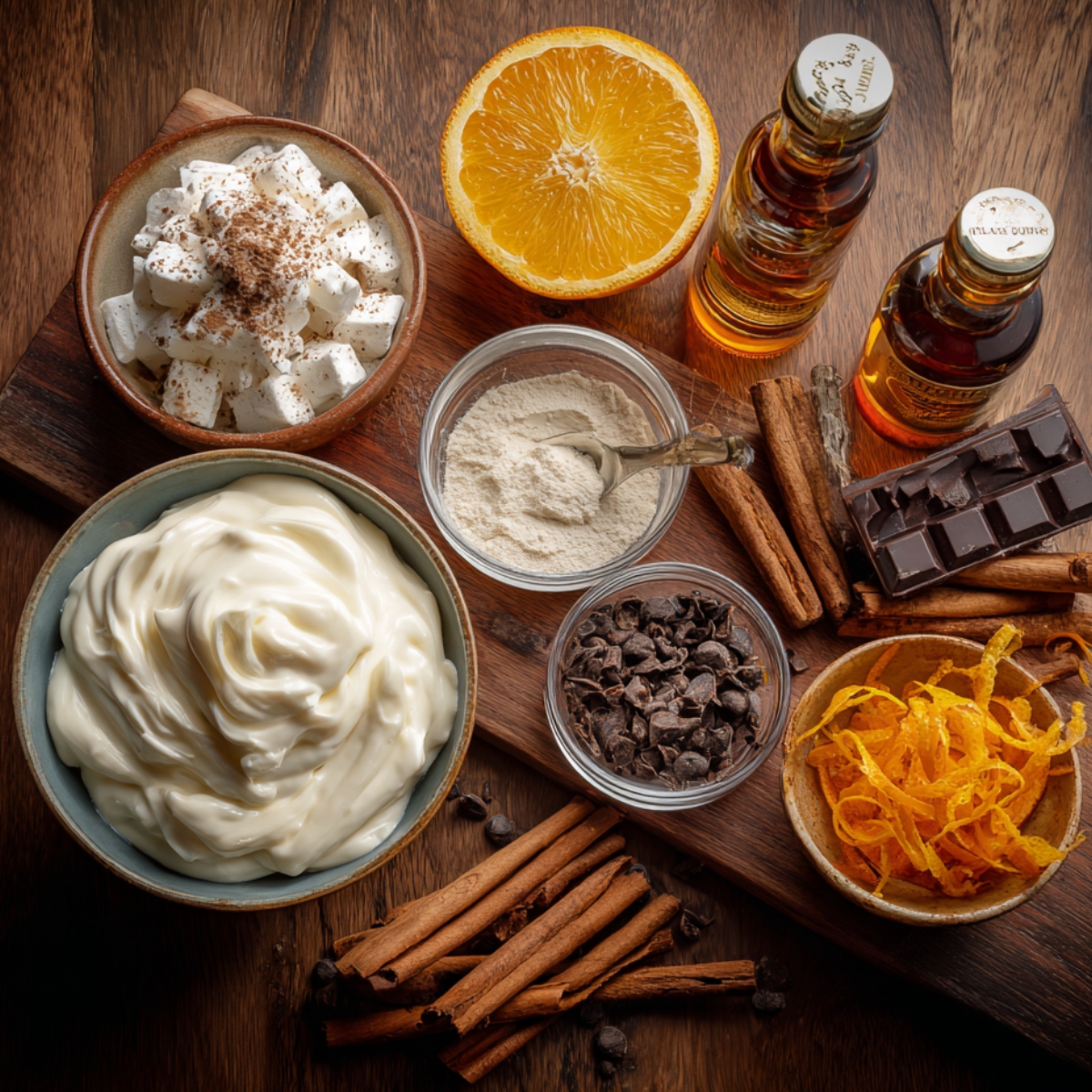 A wooden board with flavor enhancers: whipped cream, marshmallows, chocolate chips, chocolate bar, orange zest, cinnamon sticks, vanilla sugar, and small bottles of liqueur.