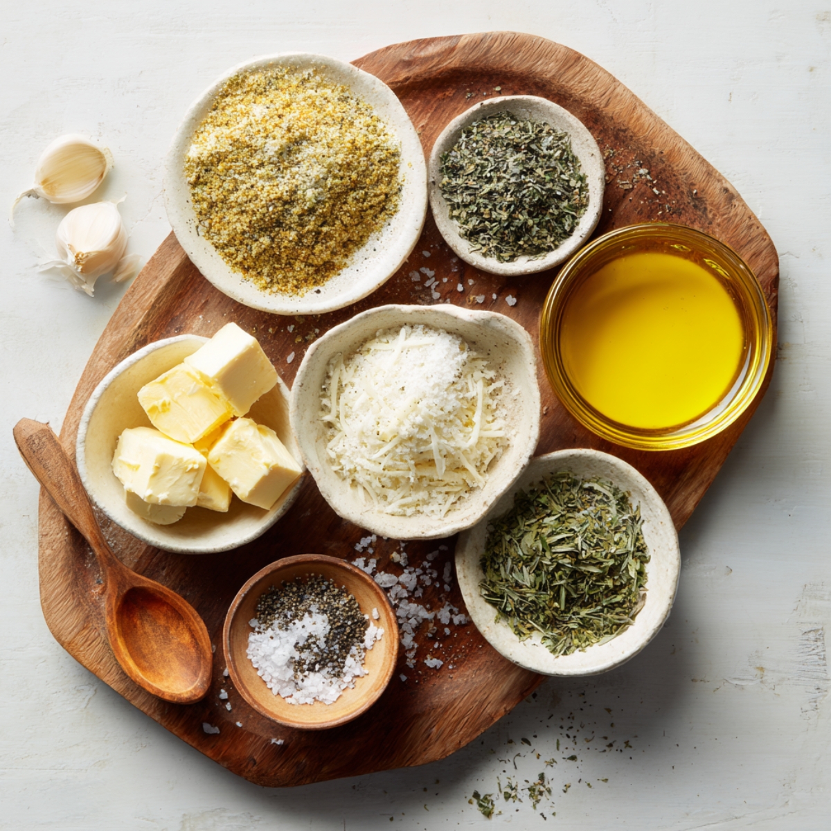 Herbs, butter, cheese, and oil – Wooden tray with small bowls of Parmesan, herbs, spices, butter, and olive oil.
