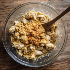 Chicken and breadcrumb mixture – Mixing bowl filled with chicken chunks and breadcrumbs being stirred with a wooden spoon.