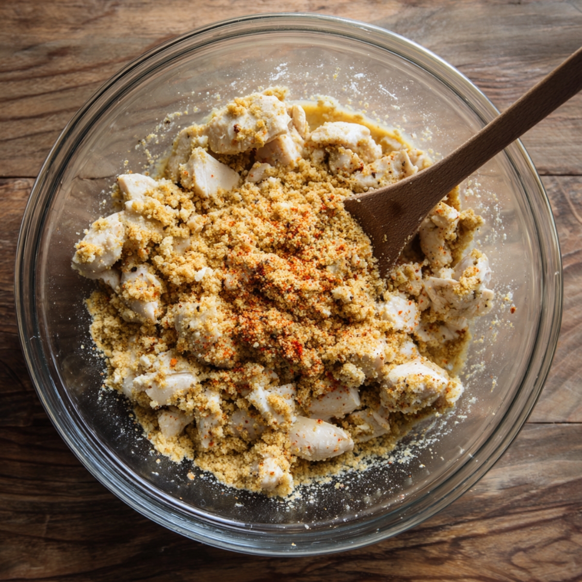 Chicken and breadcrumb mixture – Mixing bowl filled with chicken chunks and breadcrumbs being stirred with a wooden spoon.