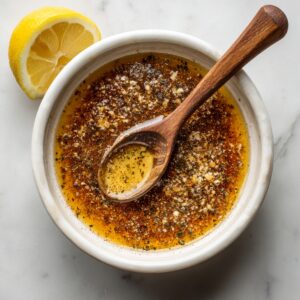 Seasoning mixture in bowl with lemon – Small bowl of oil, garlic, and spices with a wooden spoon and a lemon half beside it.
