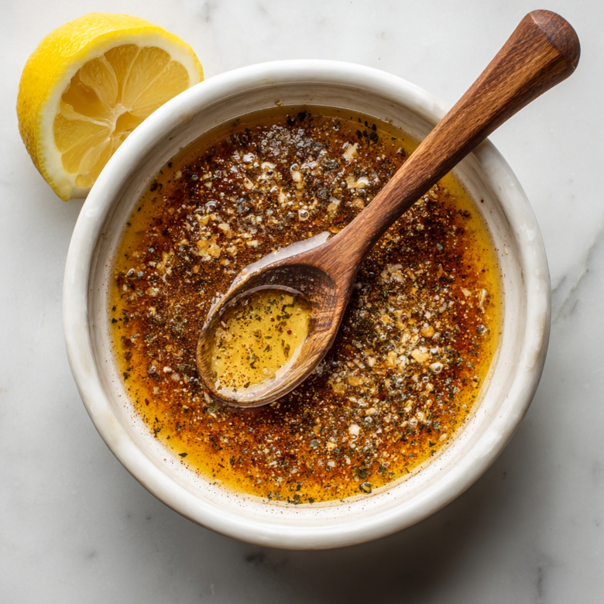 Seasoning mixture in bowl with lemon – Small bowl of oil, garlic, and spices with a wooden spoon and a lemon half beside it.