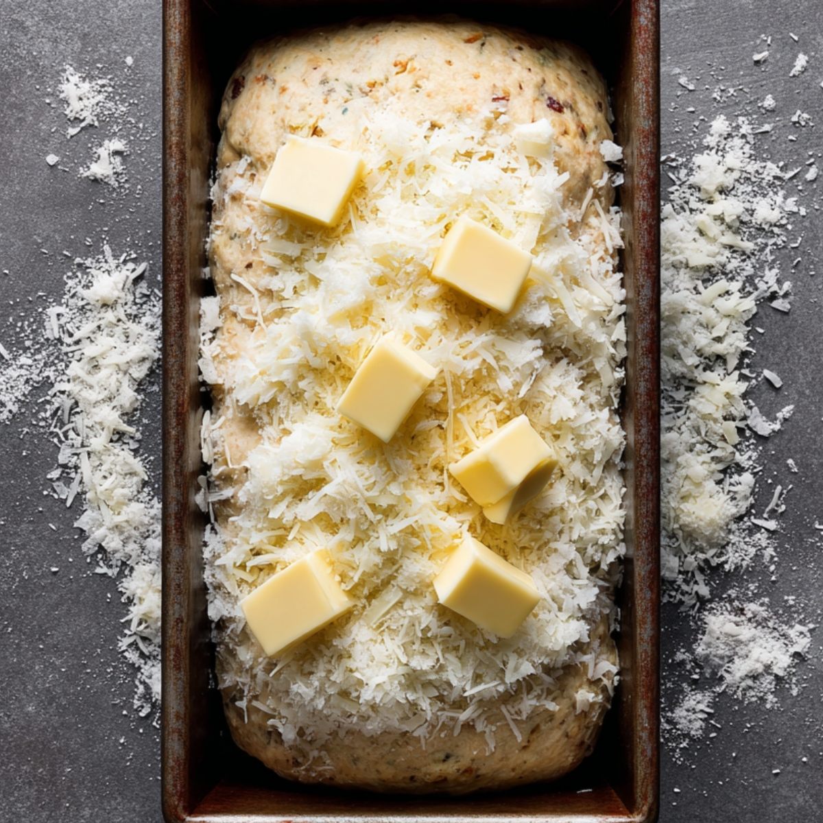 Unbaked meatloaf topped with cheese and butter – Raw meatloaf in a loaf pan, covered with shredded Parmesan and dotted with cubes of butter.