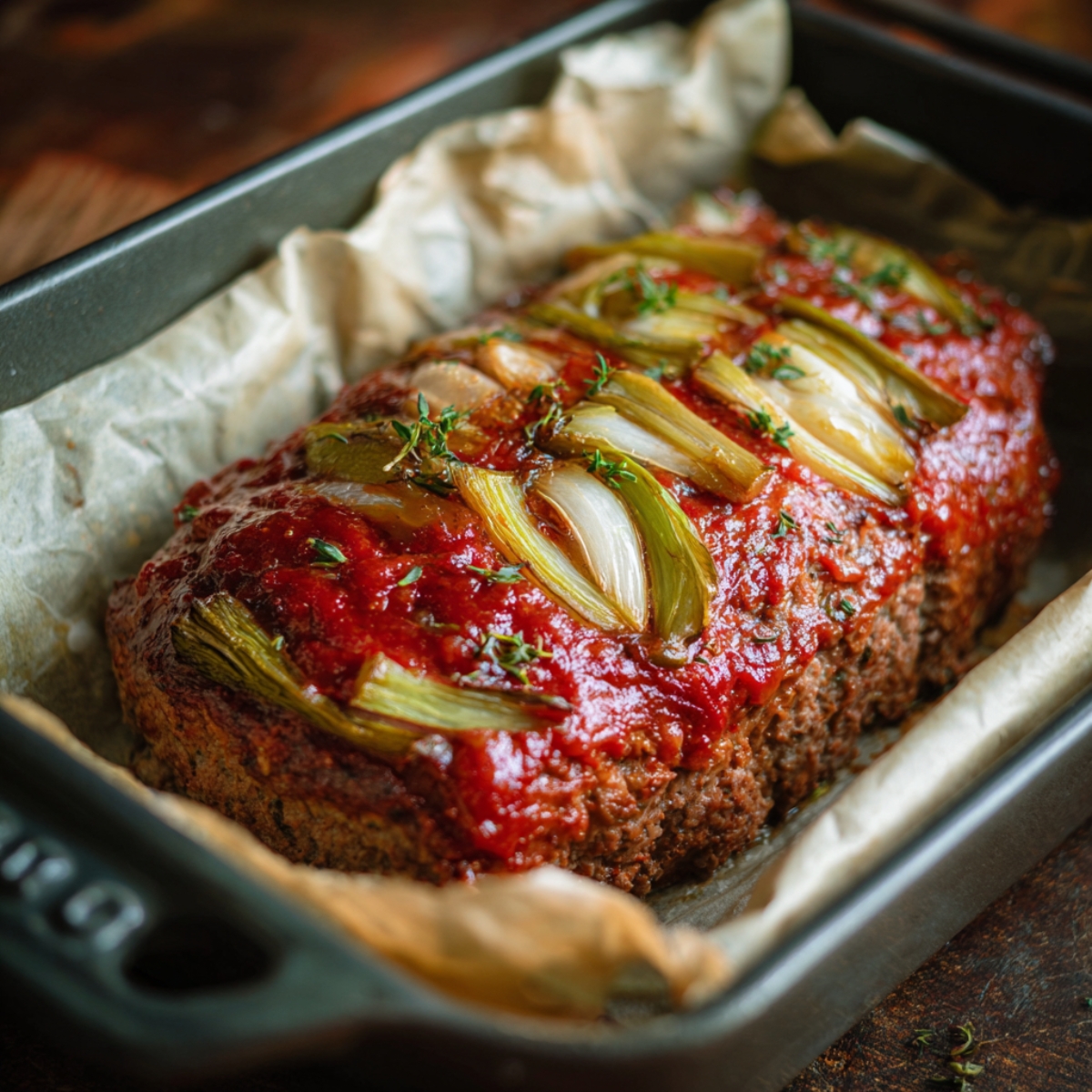 Baked glazed meatloaf with onions – Freshly baked meatloaf topped with tomato glaze and roasted onion slices in a pan.