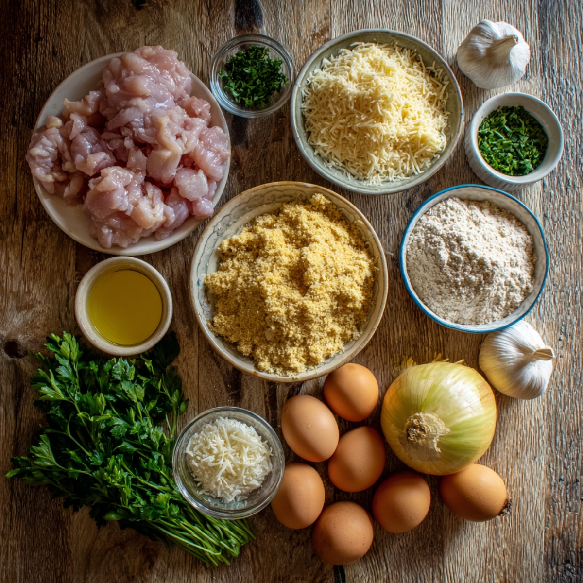 Chicken meatloaf ingredients laid out – Fresh ground chicken, eggs, cheese, breadcrumbs, onion, garlic, herbs, and parsley arranged on a table.