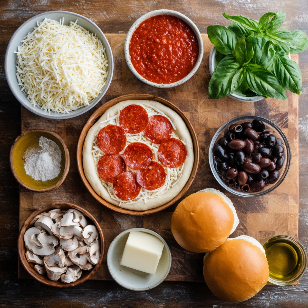 Various ingredients for pizza toppings, including mozzarella cheese, pepperoni slices, and other essentials for assembling the pizza-inspired burger.