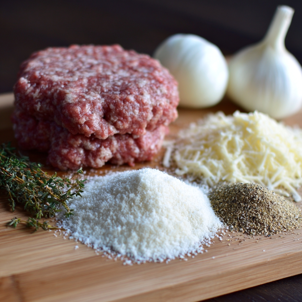 A close-up of ground beef patties mixed with Italian seasoning and ready for cooking.