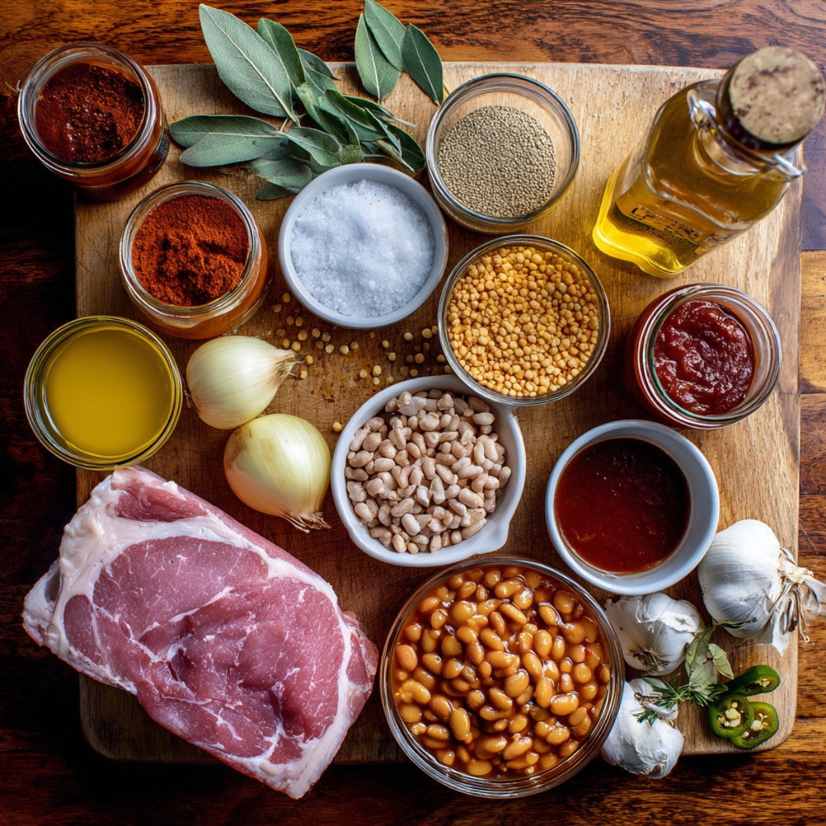 Ingredients for pork and beans on a wooden board, including pork, beans, garlic, onions, spices, and herbs.