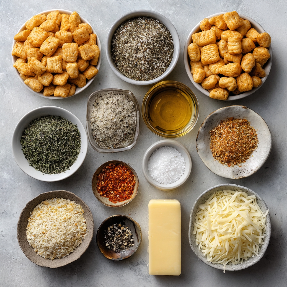 An arrangement of small bowls containing the main ingredients: oyster crackers, oil, salt, dried herbs, mixed spices, and shredded cheese.