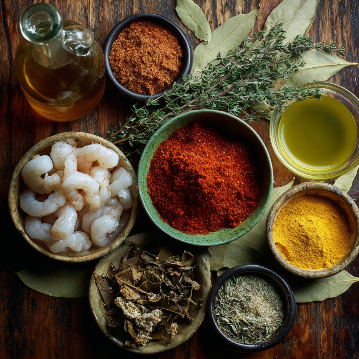 A rustic display of spices and ingredients including raw shrimp, bay leaves, dried herbs, Cajun and Old Bay seasonings, turmeric, chili powder, and olive oil.
