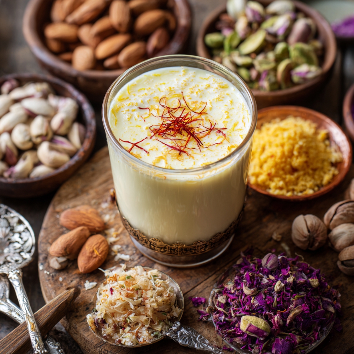 Rabri served in glass: A glass of thick saffron rabri garnished with strands of saffron, surrounded by bowls of almonds, pistachios, rose petals, and spices.