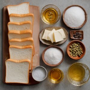 Ingredients laid out: Bread slices, butter, sugar, cardamom, and ghee displayed neatly in bowls on a gray surface.