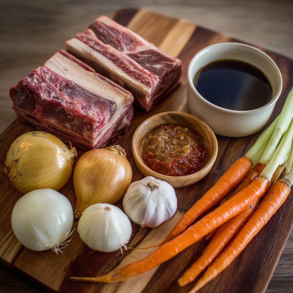 Key ingredients displayed on a wooden board: bone-in beef short ribs, carrots, onions, garlic, scallions, tomato paste, and a bowl of broth.