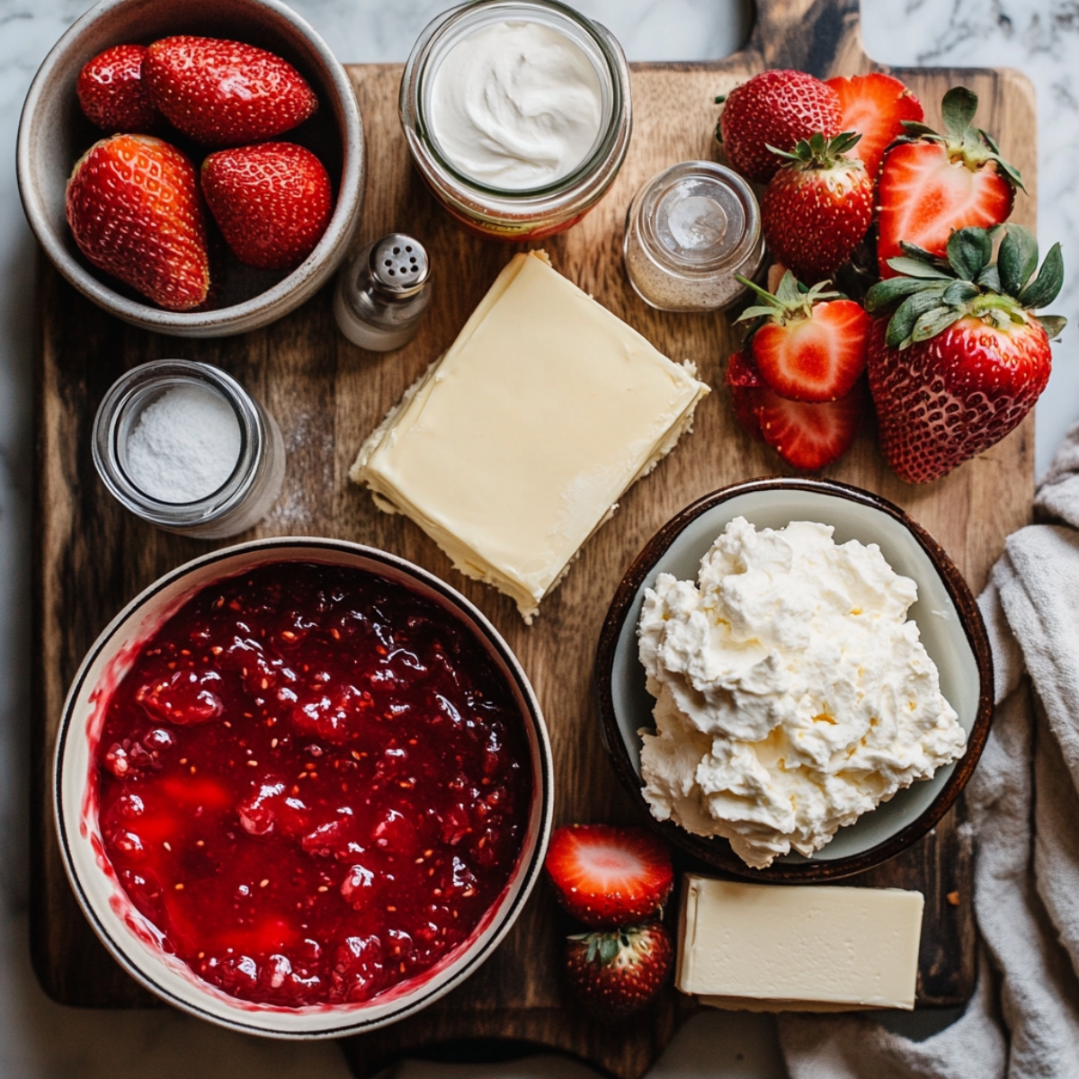 Strawberry and cream mix: Fresh strawberries, whipped cream, butter, and a bowl of glossy strawberry sauce on a wooden board.