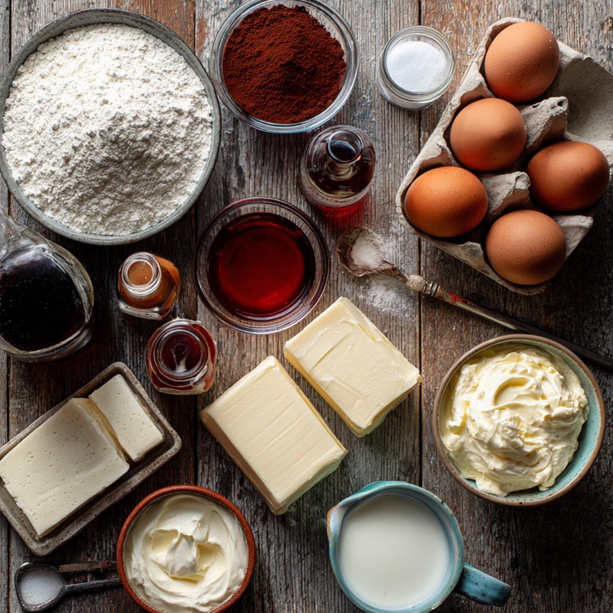 Baking ingredients: Flour, eggs, butter, cream, and vanilla placed on a rustic kitchen counter.