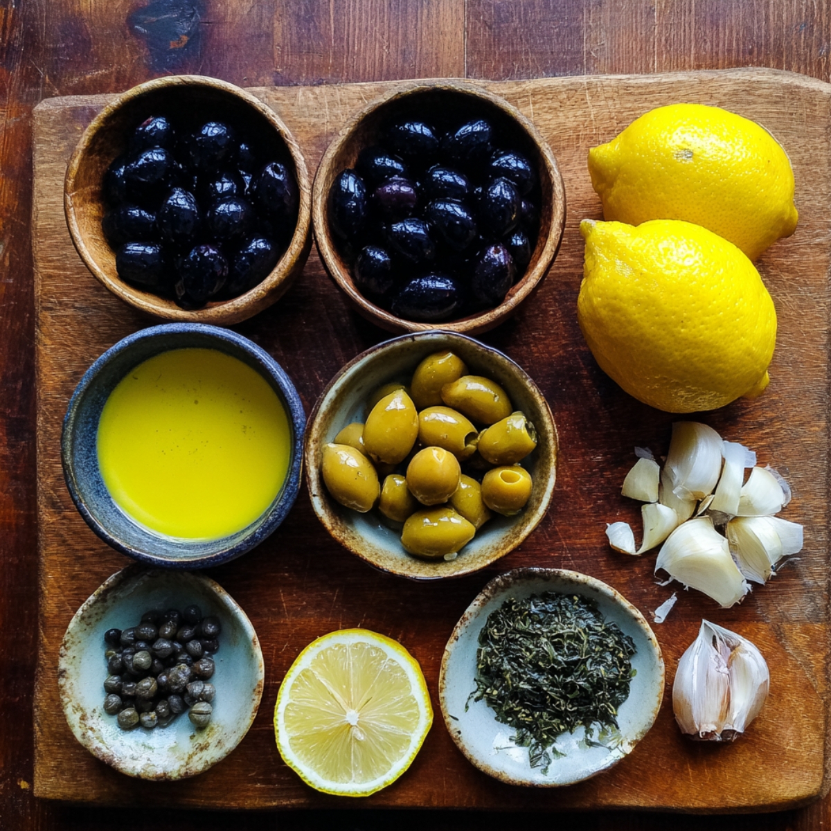 A wooden board with key ingredients: black and green olives, garlic cloves, lemons, capers, olive oil, and dried herbs.