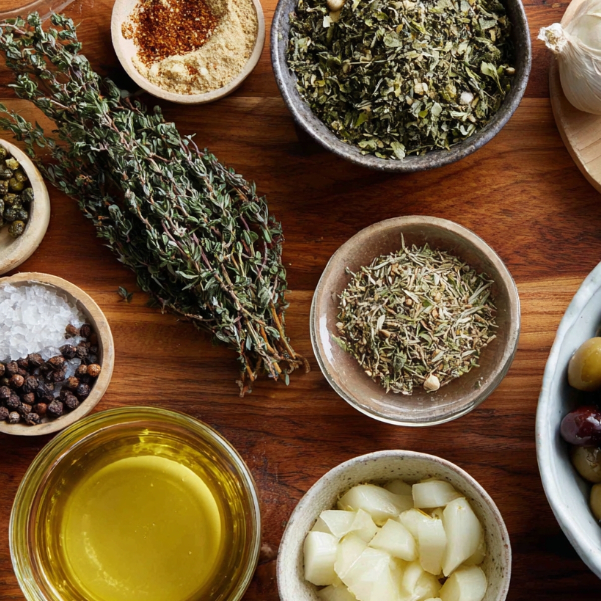 Ingredients for tapenade arranged in small bowls: dried herbs, fresh thyme, garlic bulbs, capers, olive oil, and a mix of black and green olives.