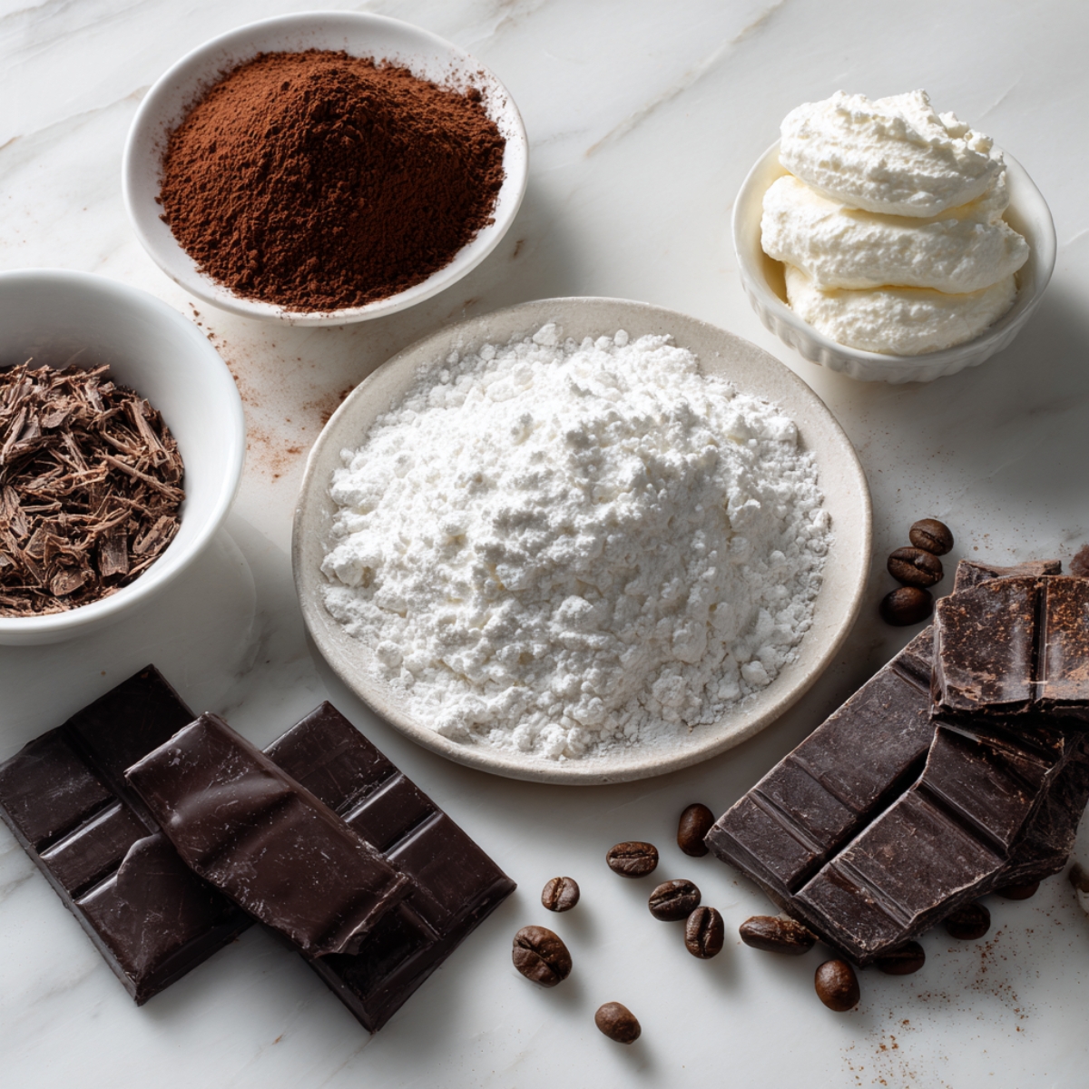 Ingredients for mascarpone filling including mascarpone cheese, powdered sugar, cocoa, chocolate, and coffee beans