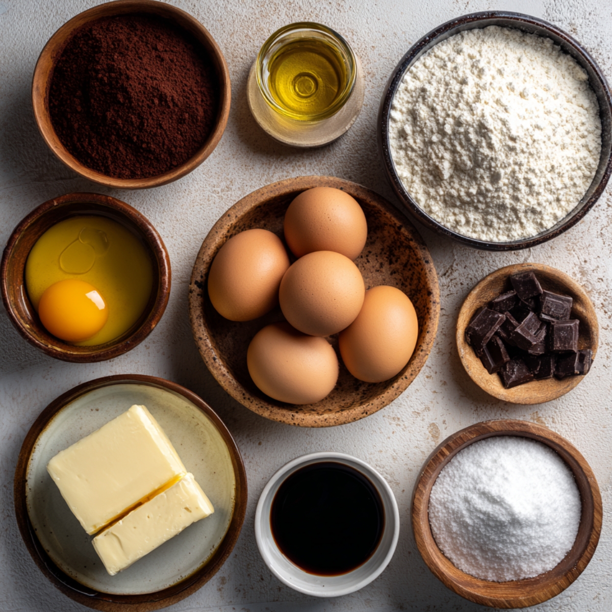 Cookie base ingredients arranged in bowls: eggs, flour, sugar, cocoa powder, butter, chocolate, and espresso.