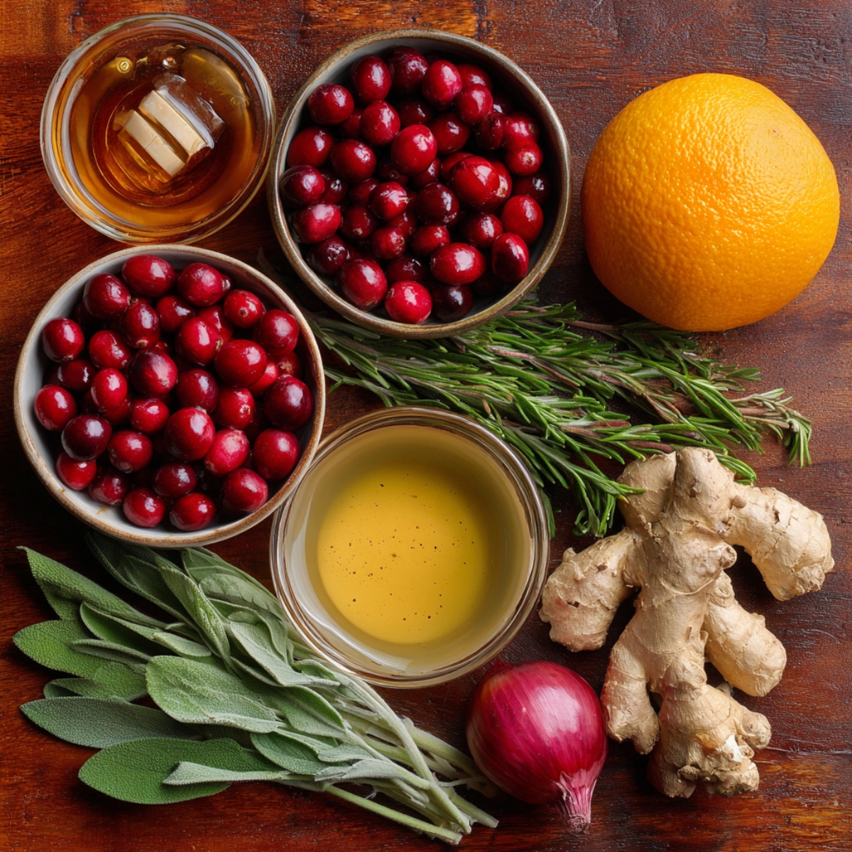 Fresh cranberry sauce ingredients: cranberries, orange, honey, rosemary, ginger, sage, and red onion on wooden board