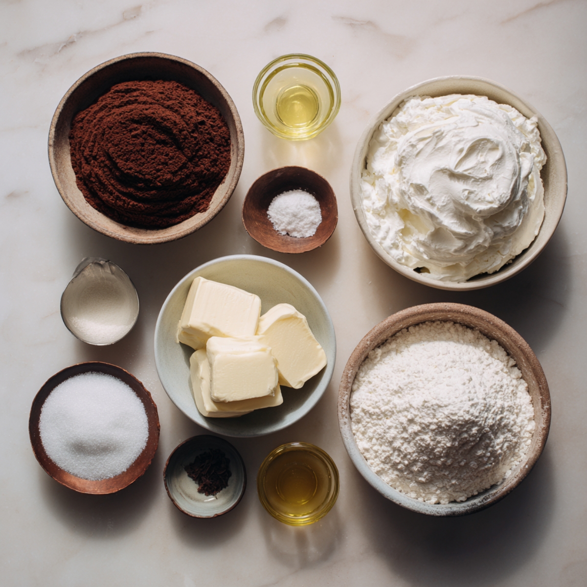 Chocolate cake ingredients: Bowls containing cocoa powder, flour, butter, cream, sugar, oil, and vanilla on a light marble surface.