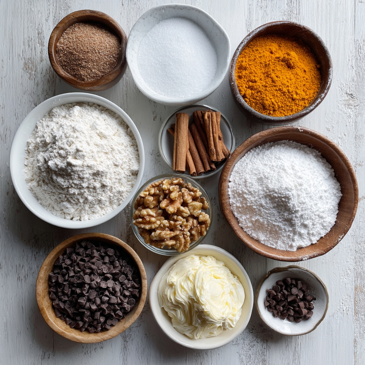 An assortment of small bowls holding flour, sugar, cocoa, spices, nuts, and chocolate chips.