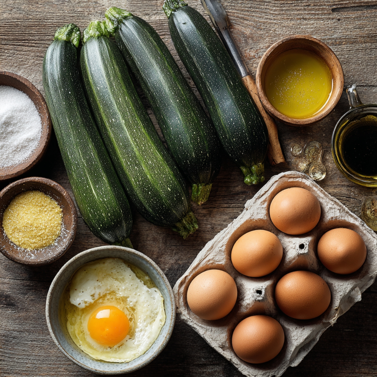 Whole and cracked eggs in bowls, fresh zucchini, vegetable oil, vanilla, and salt arranged on a wooden surface.