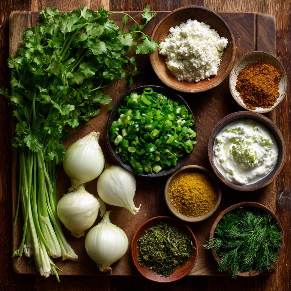 A variety of fresh and dried ingredients on a wooden board: bunches of cilantro, whole white onions, chopped green onions, ground spices, crumbled cheese, fresh dill, and creamy yogurt.