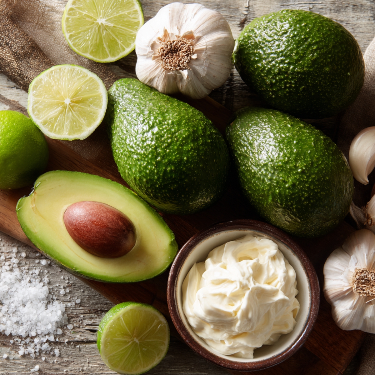 Three whole avocados with cut limes, garlic bulbs, and a small bowl of mayonnaise or sour cream on a rustic wooden surface.