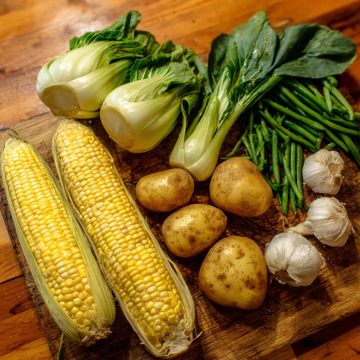 Fresh vegetables on board — Corn cobs, potatoes, green beans, garlic, and bok choy neatly arranged on a wooden board, waiting to be added to the soup.