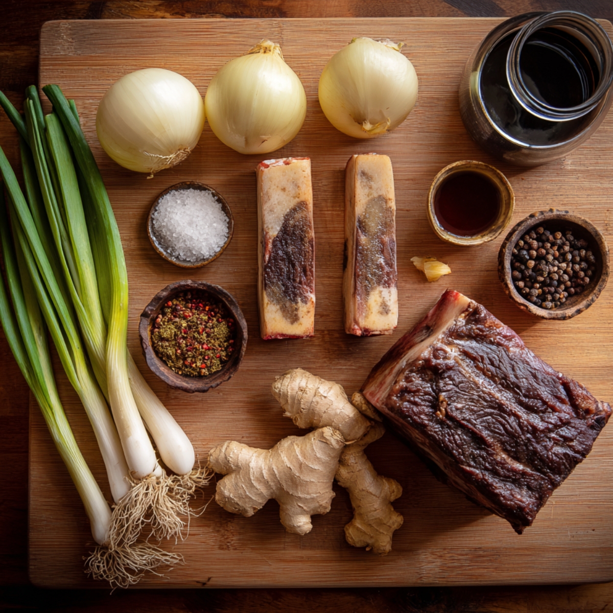 Seasoning and aromatics — A wooden board with beef bones, ginger, onions, scallions, whole peppercorns, salt, fish sauce, and soy sauce, laid out for making the broth.