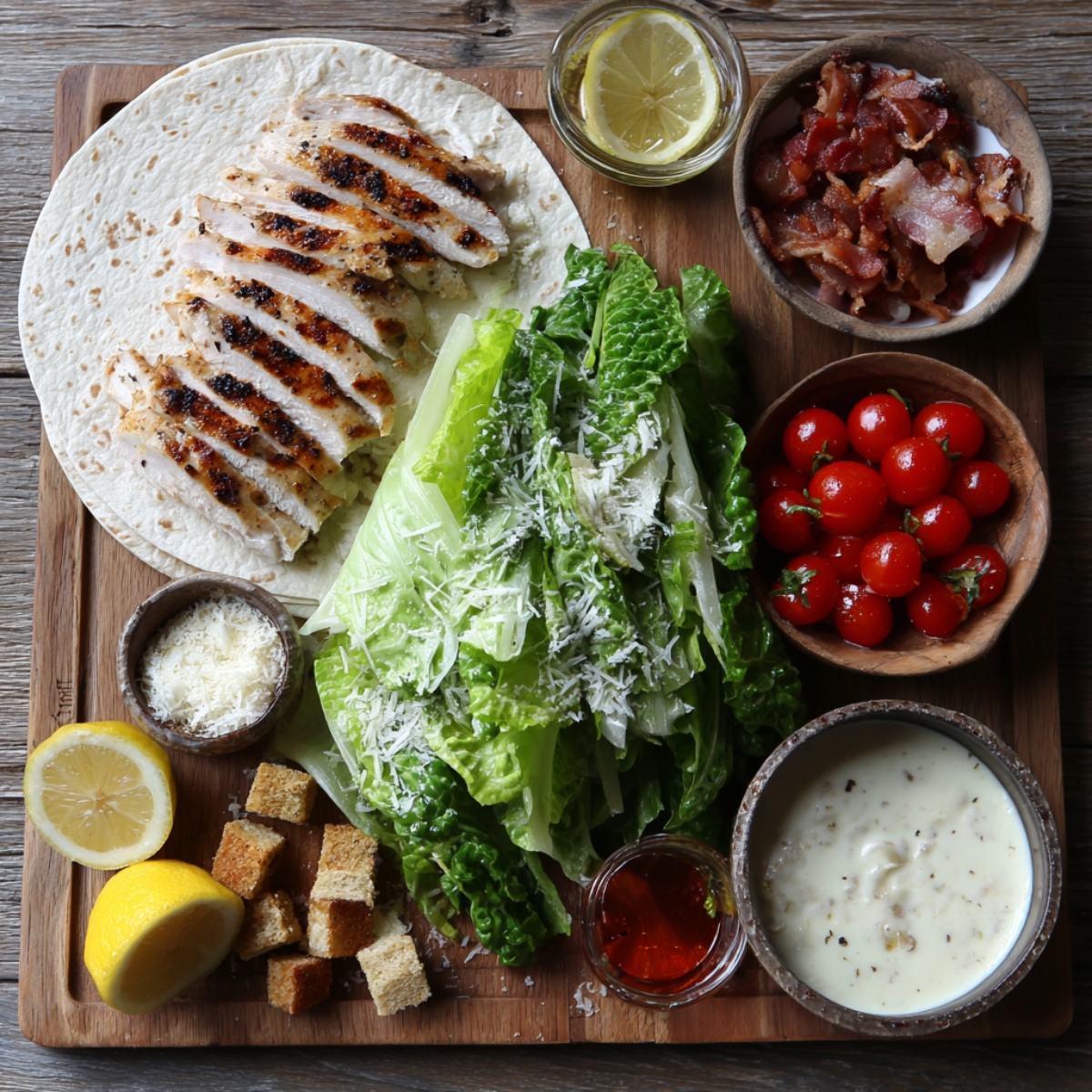 A wooden board with tortillas, grilled sliced chicken, romaine lettuce, cherry tomatoes, crispy bacon, Caesar dressing, Parmesan cheese, croutons, lemon halves, and honey.